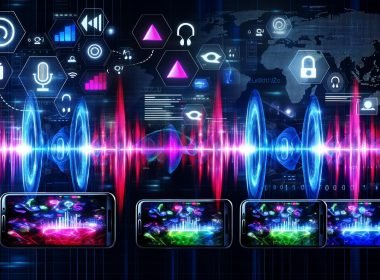 Futuristische Illustration von vier Smartphones mit TikTok, Instagram Reels und YouTube Shorts, kombiniert mit leuchtenden Soundwellen und datengesteuerten Elementen im Hintergrund.