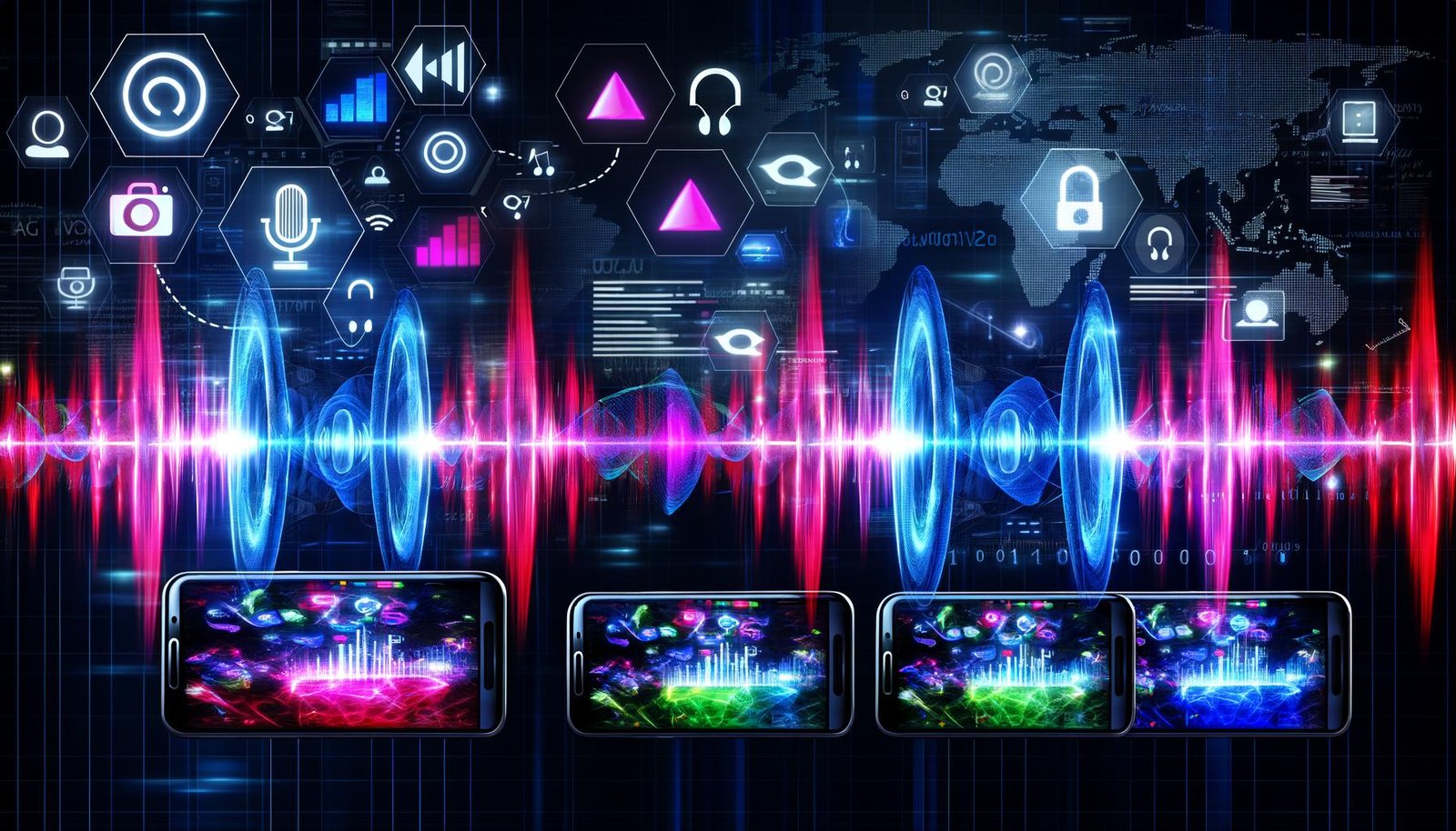 Futuristische Illustration von vier Smartphones mit TikTok, Instagram Reels und YouTube Shorts, kombiniert mit leuchtenden Soundwellen und datengesteuerten Elementen im Hintergrund.
