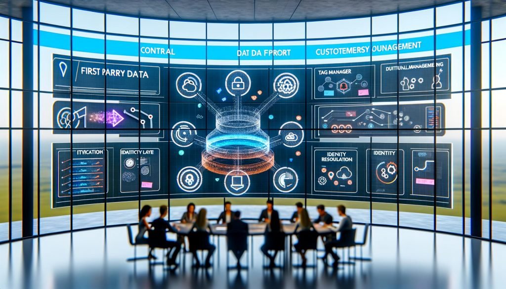Menschen arbeiten an großen Bildschirmen mit komplexen Datenströmen, Consent-Management und Customer Journey Maps in einem modernen, offenen Büro – visuelle Darstellung eines First Party Daten Frameworks für digitales Marketing.