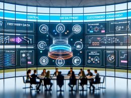 Menschen arbeiten an großen Bildschirmen mit komplexen Datenströmen, Consent-Management und Customer Journey Maps in einem modernen, offenen Büro – visuelle Darstellung eines First Party Daten Frameworks für digitales Marketing.