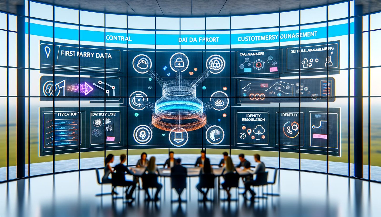 Menschen arbeiten an großen Bildschirmen mit komplexen Datenströmen, Consent-Management und Customer Journey Maps in einem modernen, offenen Büro – visuelle Darstellung eines First Party Daten Frameworks für digitales Marketing.