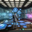 Marketingexpertin im futuristischen Kontrollraum mit Dashboards, Datenströmen und Symbolen für KI und Datenmanagement