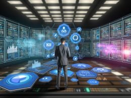 Marketingexpertin im futuristischen Kontrollraum mit Dashboards, Datenströmen und Symbolen für KI und Datenmanagement