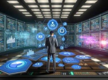 Marketingexpertin im futuristischen Kontrollraum mit Dashboards, Datenströmen und Symbolen für KI und Datenmanagement