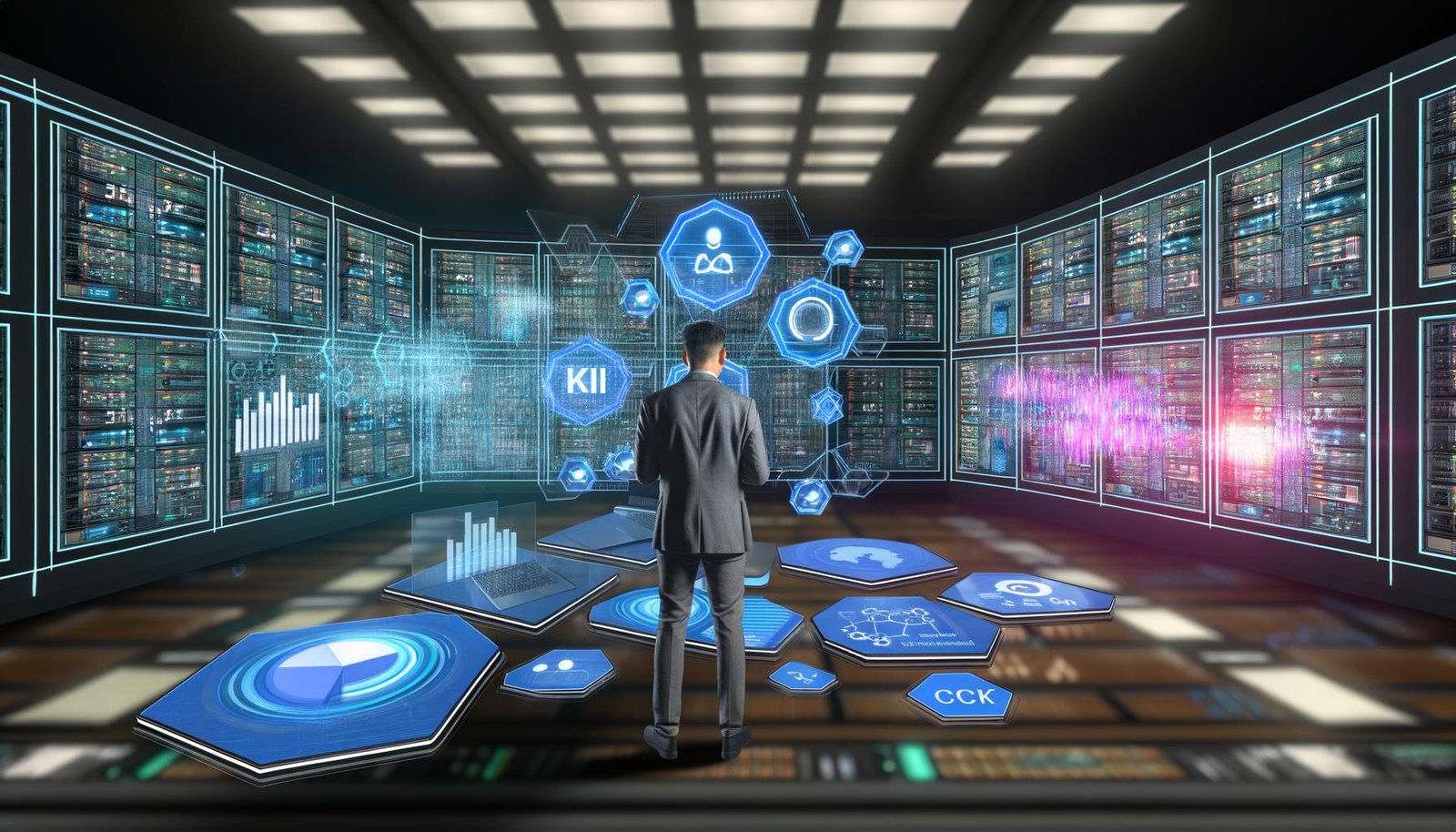 Marketingexpertin im futuristischen Kontrollraum mit Dashboards, Datenströmen und Symbolen für KI und Datenmanagement