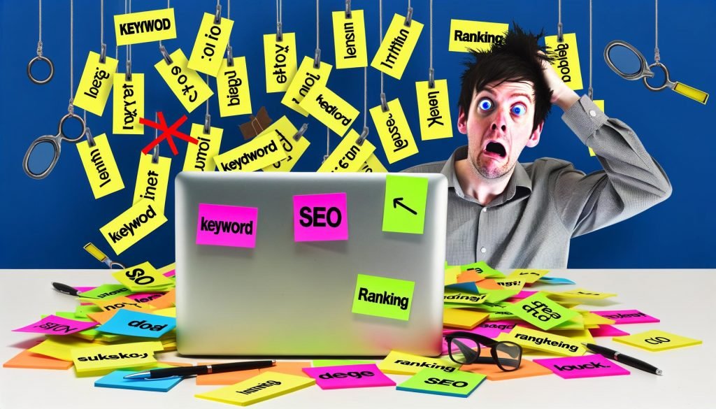 Moderner Redakteur am chaotischen Schreibtisch mit aufgeschlagenem Laptop, SEO-Notizzetteln und kreativem Redaktions-Alltag