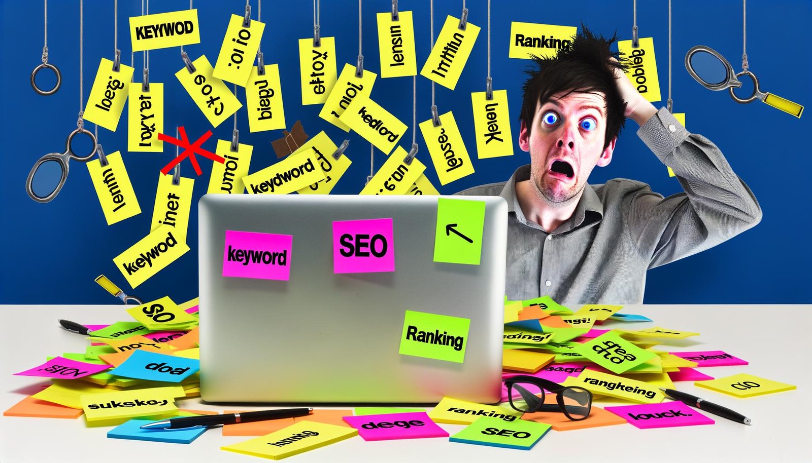 Moderner Redakteur am chaotischen Schreibtisch mit aufgeschlagenem Laptop, SEO-Notizzetteln und kreativem Redaktions-Alltag
