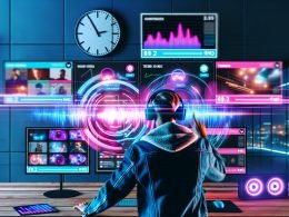 Content Creator mit Kopfhörern vor Monitoren mit Social Media Plattformen, farbiges Soundwave-Dashboard und Neonlicht im modernen Loft