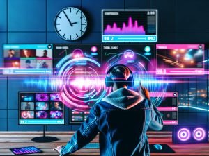 Content Creator mit Kopfhörern vor Monitoren mit Social Media Plattformen, farbiges Soundwave-Dashboard und Neonlicht im modernen Loft