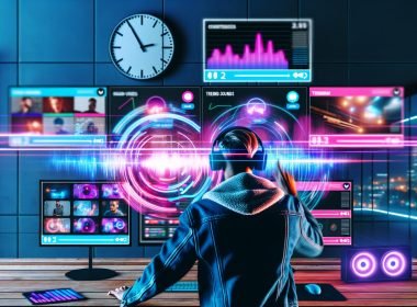 Content Creator mit Kopfhörern vor Monitoren mit Social Media Plattformen, farbiges Soundwave-Dashboard und Neonlicht im modernen Loft