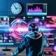 Content Creator mit Kopfhörern vor Monitoren mit Social Media Plattformen, farbiges Soundwave-Dashboard und Neonlicht im modernen Loft