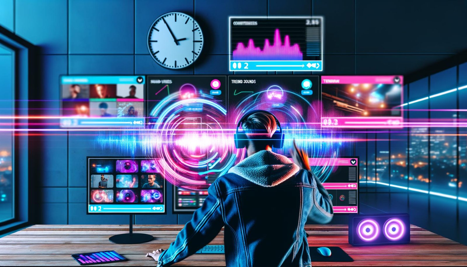 Content Creator mit Kopfhörern vor Monitoren mit Social Media Plattformen, farbiges Soundwave-Dashboard und Neonlicht im modernen Loft