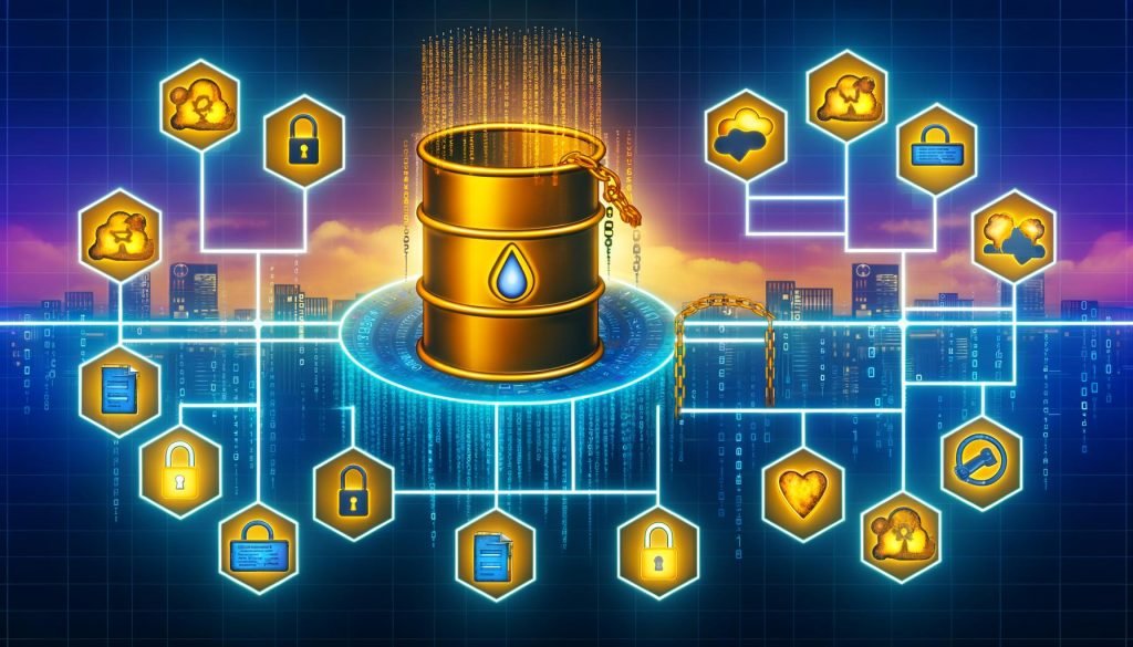 Digitale Illustration eines goldenen Öl-Fasses, das sich in Binärcode verwandelt und den Wert von Daten als neues Öl symbolisiert. Szenen umfassen Vergleiche zwischen First und Third Party Daten, technische Infrastrukturen, datenbasierte Personalisierung, Compliance-Maßnahmen und eine zukunftsweisende Stadt aus Datenströmen.