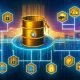 Digitale Illustration eines goldenen Öl-Fasses, das sich in Binärcode verwandelt und den Wert von Daten als neues Öl symbolisiert. Szenen umfassen Vergleiche zwischen First und Third Party Daten, technische Infrastrukturen, datenbasierte Personalisierung, Compliance-Maßnahmen und eine zukunftsweisende Stadt aus Datenströmen.