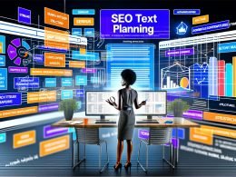 Content-Manager arbeitet an großem Bildschirm mit Keyword-Tabellen, SERP-Analysen und digitalen SEO-Tools wie SEMrush, Ahrefs und SISTRIX im modernen Büro.
