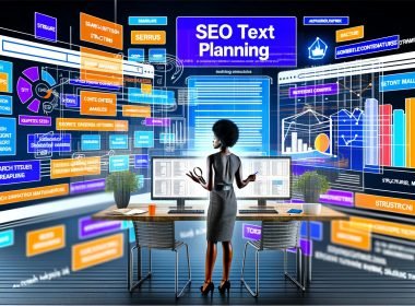 Content-Manager arbeitet an großem Bildschirm mit Keyword-Tabellen, SERP-Analysen und digitalen SEO-Tools wie SEMrush, Ahrefs und SISTRIX im modernen Büro.
