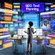 Content-Manager arbeitet an großem Bildschirm mit Keyword-Tabellen, SERP-Analysen und digitalen SEO-Tools wie SEMrush, Ahrefs und SISTRIX im modernen Büro.