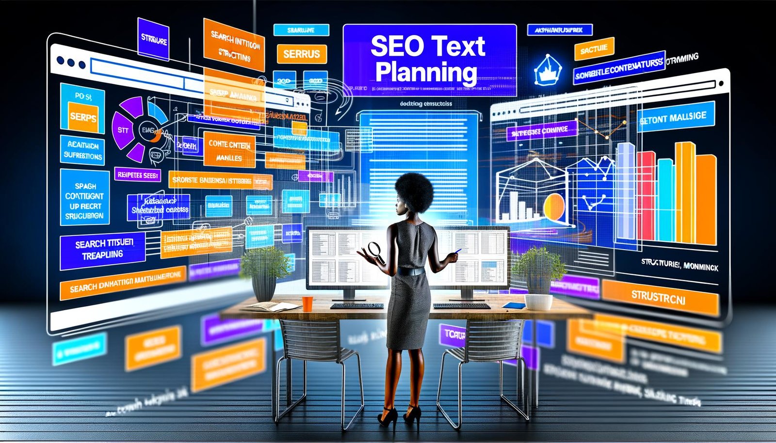 Content-Manager arbeitet an großem Bildschirm mit Keyword-Tabellen, SERP-Analysen und digitalen SEO-Tools wie SEMrush, Ahrefs und SISTRIX im modernen Büro.