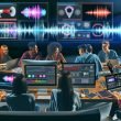 Junge Content-Creator diskutieren an Laptops und Monitoren über Videoclips, Trending Audios und Datencharts aus Social-Media-Apps wie TikTok, YouTube Shorts und Instagram Reels in einer modernen Marketing-Umgebung.