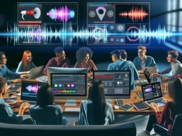 Junge Content-Creator diskutieren an Laptops und Monitoren über Videoclips, Trending Audios und Datencharts aus Social-Media-Apps wie TikTok, YouTube Shorts und Instagram Reels in einer modernen Marketing-Umgebung.