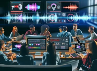 Junge Content-Creator diskutieren an Laptops und Monitoren über Videoclips, Trending Audios und Datencharts aus Social-Media-Apps wie TikTok, YouTube Shorts und Instagram Reels in einer modernen Marketing-Umgebung.