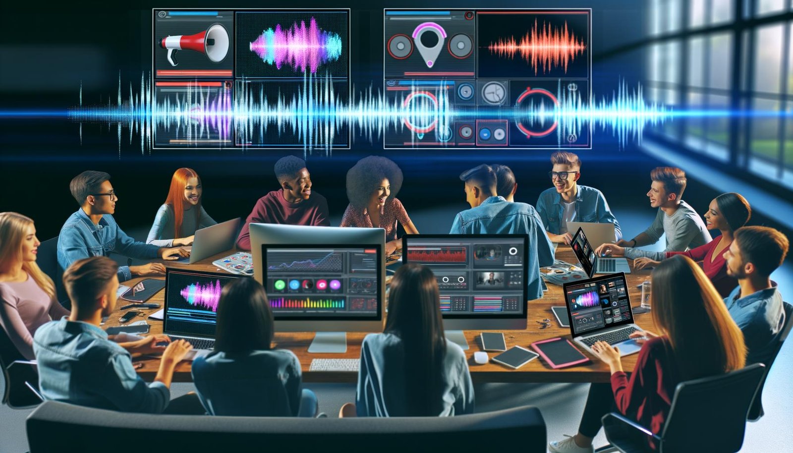 Junge Content-Creator diskutieren an Laptops und Monitoren über Videoclips, Trending Audios und Datencharts aus Social-Media-Apps wie TikTok, YouTube Shorts und Instagram Reels in einer modernen Marketing-Umgebung.