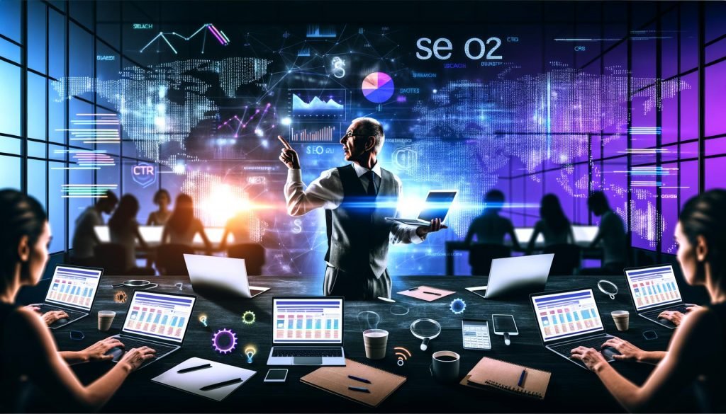 Moderner Arbeitsplatz mit mehreren Bildschirmen, die bunte SEO-Dashboards mit Charts und Heatmaps zeigen, umgeben von Notizblöcken, Laptops und Analysten bei der Arbeit.