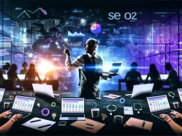 Moderner Arbeitsplatz mit mehreren Bildschirmen, die bunte SEO-Dashboards mit Charts und Heatmaps zeigen, umgeben von Notizblöcken, Laptops und Analysten bei der Arbeit.