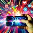 Ein Smartphone mit explodierenden, leuchtenden Farben, digitaler Herzschlaglinie und Icons von TikTok, YouTube Shorts und Instagram Reels im Fokus, dahinter unscharfe Feeds und wischende Finger als Symbol für die visuelle Überforderung moderner Social Media.