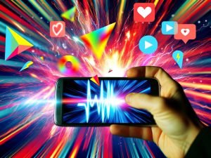 Ein Smartphone mit explodierenden, leuchtenden Farben, digitaler Herzschlaglinie und Icons von TikTok, YouTube Shorts und Instagram Reels im Fokus, dahinter unscharfe Feeds und wischende Finger als Symbol für die visuelle Überforderung moderner Social Media.