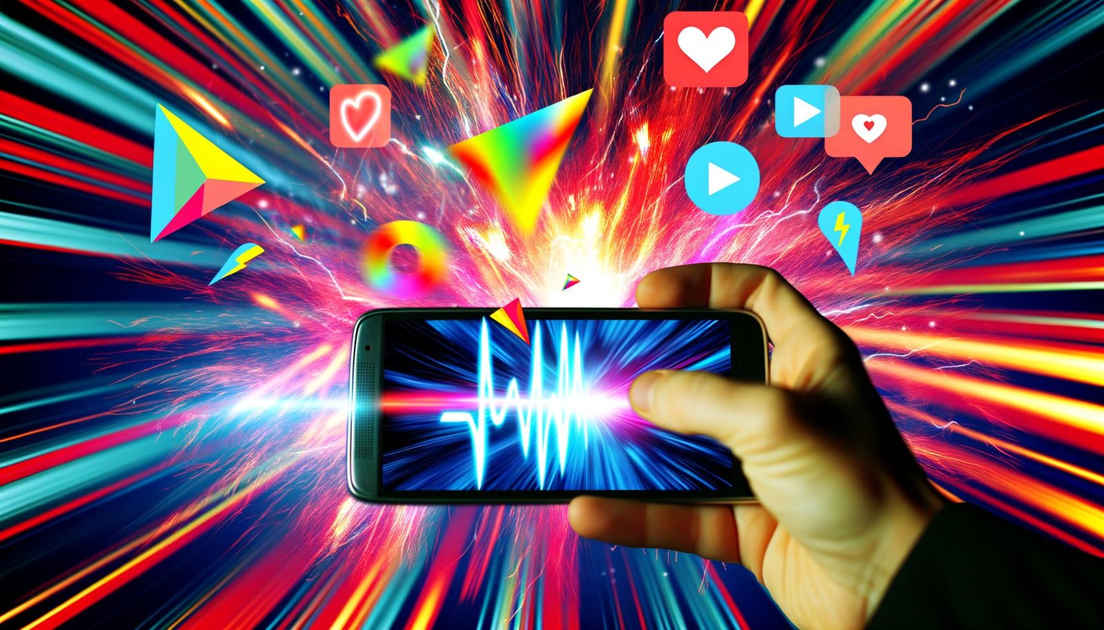 Ein Smartphone mit explodierenden, leuchtenden Farben, digitaler Herzschlaglinie und Icons von TikTok, YouTube Shorts und Instagram Reels im Fokus, dahinter unscharfe Feeds und wischende Finger als Symbol für die visuelle Überforderung moderner Social Media.