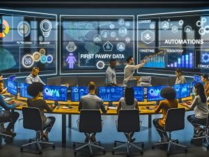 Futuristische Büro-Szene mit digitalen Dashboards, Consent-Popups, Datenfluss-Grafiken und Stichworten auf Glaswand in einer Marketingagentur
