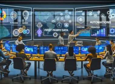 Futuristische Büro-Szene mit digitalen Dashboards, Consent-Popups, Datenfluss-Grafiken und Stichworten auf Glaswand in einer Marketingagentur