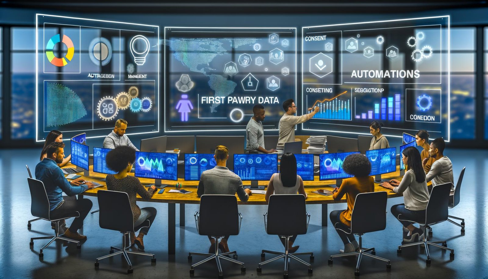 Futuristische Büro-Szene mit digitalen Dashboards, Consent-Popups, Datenfluss-Grafiken und Stichworten auf Glaswand in einer Marketingagentur