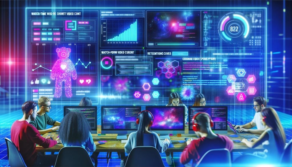 Futuristischer Workspace mit Daten-Dashboards, Analysen und jungen Fachkräften beim Auswerten von Social-Media-Kurzvideos vor beleuchteten Monitoren.