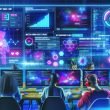 Futuristischer Workspace mit Daten-Dashboards, Analysen und jungen Fachkräften beim Auswerten von Social-Media-Kurzvideos vor beleuchteten Monitoren.