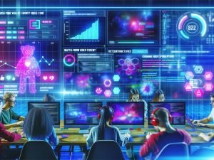 Futuristischer Workspace mit Daten-Dashboards, Analysen und jungen Fachkräften beim Auswerten von Social-Media-Kurzvideos vor beleuchteten Monitoren.