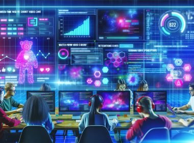Futuristischer Workspace mit Daten-Dashboards, Analysen und jungen Fachkräften beim Auswerten von Social-Media-Kurzvideos vor beleuchteten Monitoren.