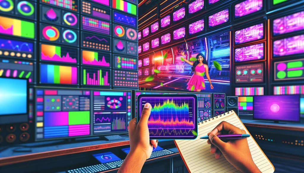 Futuristischer Maschinenraum mit vielen Monitoren und einem Creator, der ein auffälliges Shorts-Video auf großem Bildschirm analysiert. Überall technische Details, Neonfarben und vielfältige Analysedaten.