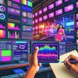 Futuristischer Maschinenraum mit vielen Monitoren und einem Creator, der ein auffälliges Shorts-Video auf großem Bildschirm analysiert. Überall technische Details, Neonfarben und vielfältige Analysedaten.