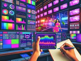 Futuristischer Maschinenraum mit vielen Monitoren und einem Creator, der ein auffälliges Shorts-Video auf großem Bildschirm analysiert. Überall technische Details, Neonfarben und vielfältige Analysedaten.