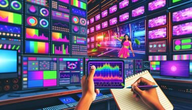 Futuristischer Maschinenraum mit vielen Monitoren und einem Creator, der ein auffälliges Shorts-Video auf großem Bildschirm analysiert. Überall technische Details, Neonfarben und vielfältige Analysedaten.