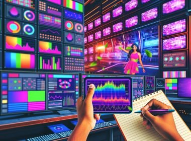 Futuristischer Maschinenraum mit vielen Monitoren und einem Creator, der ein auffälliges Shorts-Video auf großem Bildschirm analysiert. Überall technische Details, Neonfarben und vielfältige Analysedaten.