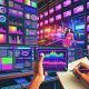 Futuristischer Maschinenraum mit vielen Monitoren und einem Creator, der ein auffälliges Shorts-Video auf großem Bildschirm analysiert. Überall technische Details, Neonfarben und vielfältige Analysedaten.