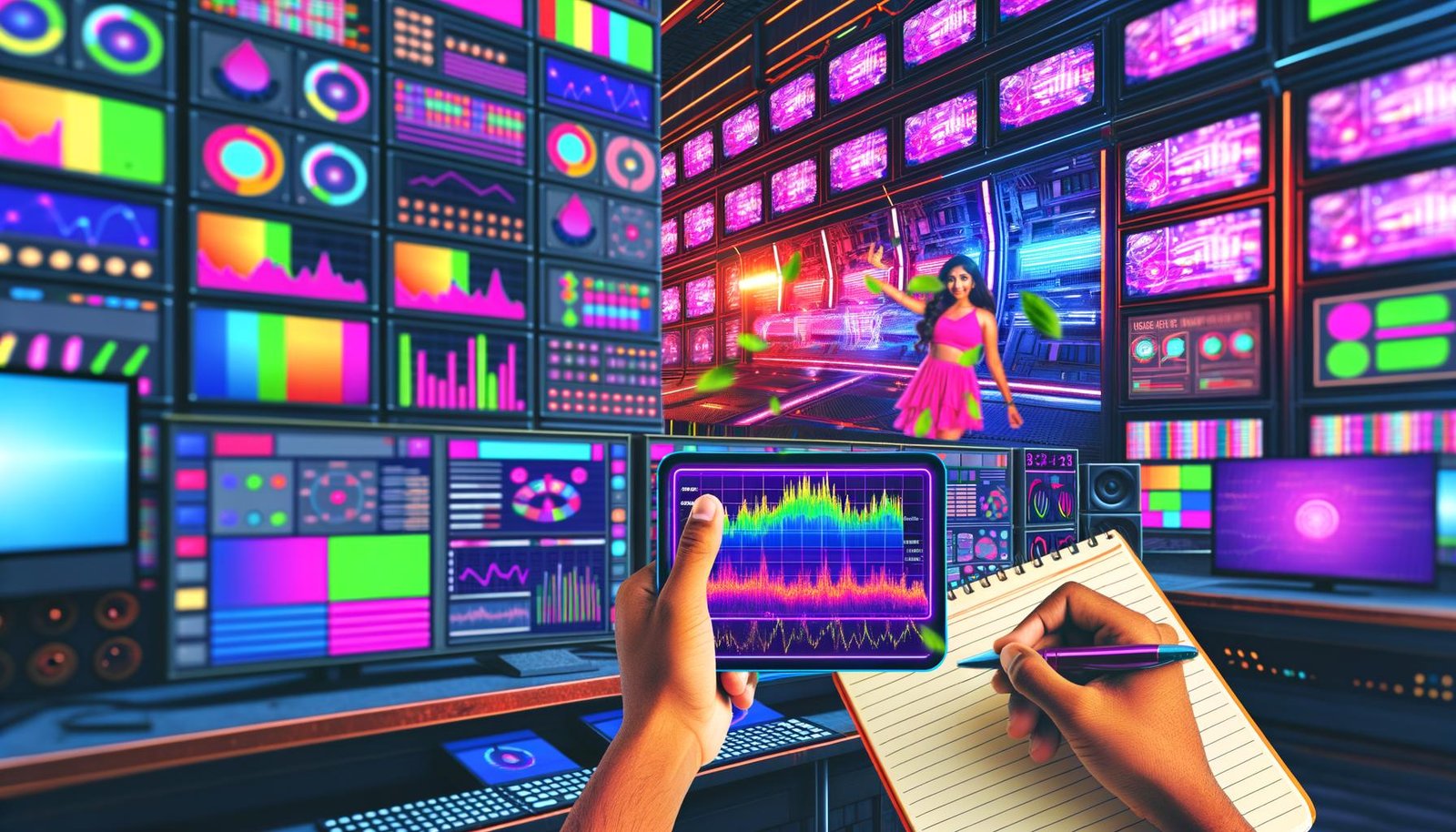 Futuristischer Maschinenraum mit vielen Monitoren und einem Creator, der ein auffälliges Shorts-Video auf großem Bildschirm analysiert. Überall technische Details, Neonfarben und vielfältige Analysedaten.
