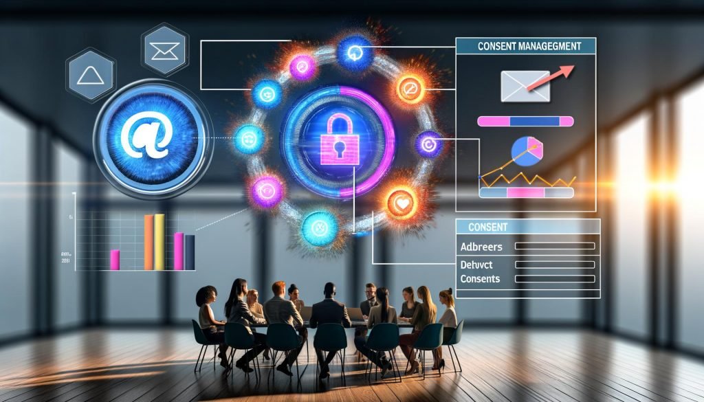 Illustration eines dynamischen Teams aus Marketing- und Datenspezialisten vor einer digitalen Datenplattform mit bunten Datenpunkten, Dashboard, Consent-Popup und CRM-System im modernen Büro.