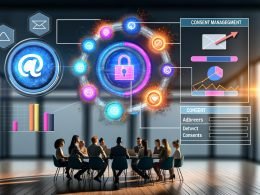 Illustration eines dynamischen Teams aus Marketing- und Datenspezialisten vor einer digitalen Datenplattform mit bunten Datenpunkten, Dashboard, Consent-Popup und CRM-System im modernen Büro.