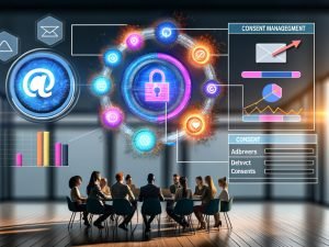 Illustration eines dynamischen Teams aus Marketing- und Datenspezialisten vor einer digitalen Datenplattform mit bunten Datenpunkten, Dashboard, Consent-Popup und CRM-System im modernen Büro.