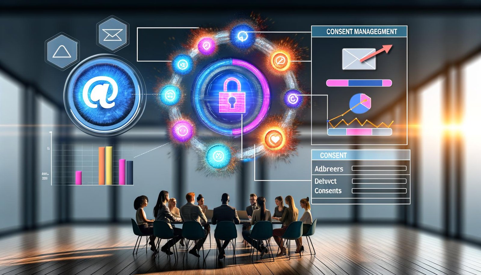 Illustration eines dynamischen Teams aus Marketing- und Datenspezialisten vor einer digitalen Datenplattform mit bunten Datenpunkten, Dashboard, Consent-Popup und CRM-System im modernen Büro.
