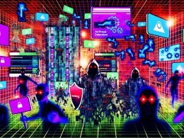 Digitale Collage mit Quora-Logo, Werbebannern, Bots, KI-Netzwerken, und einem Marketer, der Ad Fraud mit einem Schild abwehrt, alles in einem cyberpunkartigen, dystopischen Stil.